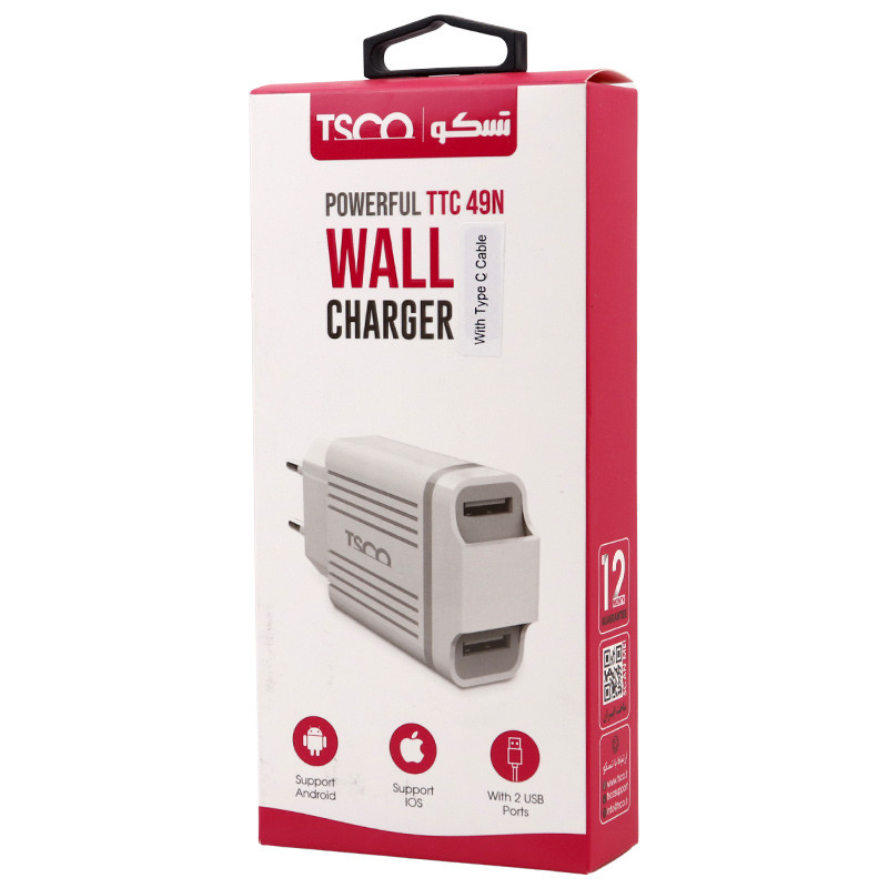 شارژر دیواری TSCO TTC49N 2Port 2.1A 10.5W + کابل تایپ سی