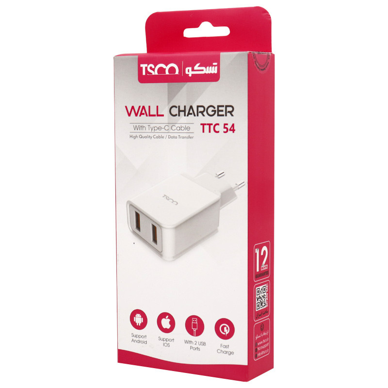 شارژر دیواری فست شارژ TSCO TTC54 2Port QC3 PD 3A 18W + کابل تایپ سی