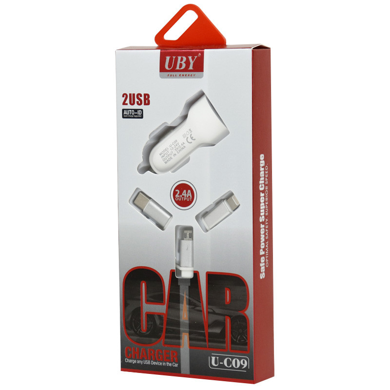 شارژر فندکی فست شارژ UBY U-C09 2.4A 12W + کابل 3 سر