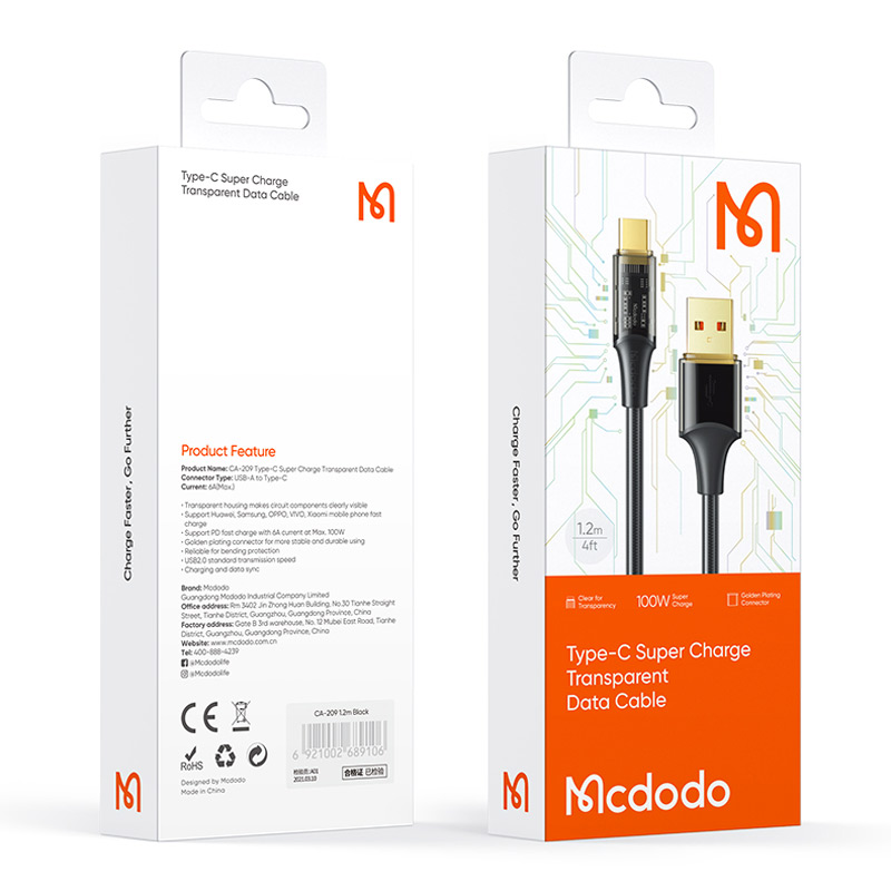 کابل تایپ سی فست شارژ Mcdodo CA-2090 6A QC4.0 PD 100W 1.2m