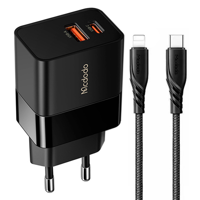 شارژر دیواری فست شارژ Mcdodo CH-1952 2Port 3A QC3.0 PD 20W + کابل آیفونی