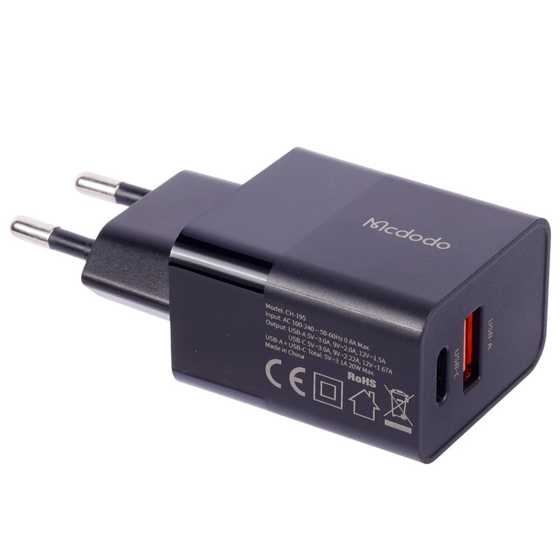 شارژر دیواری فست شارژ Mcdodo CH-1952 2Port 3A QC3.0 PD 20W + کابل آیفونی