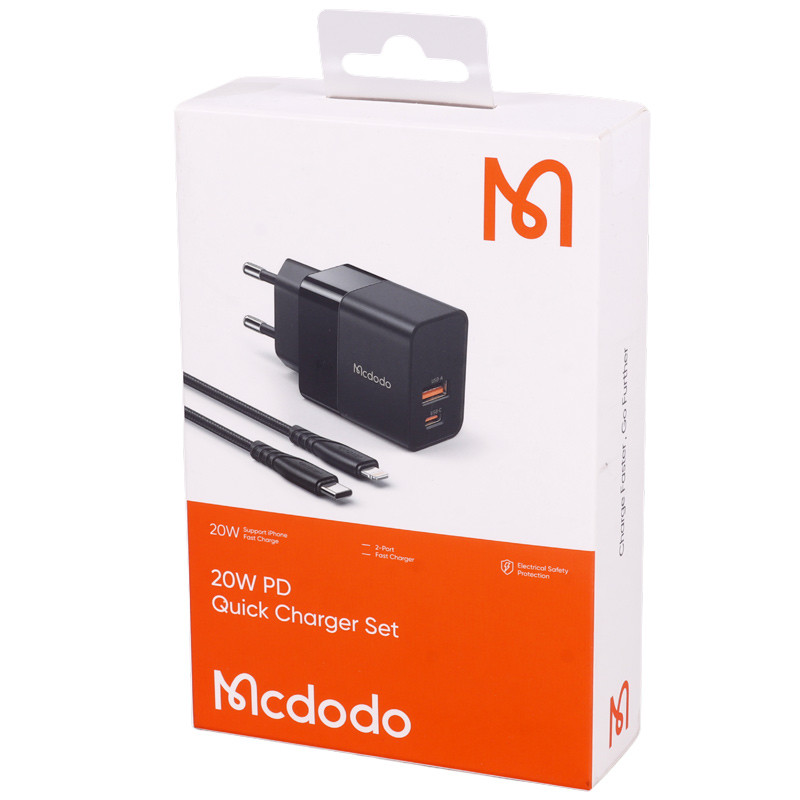 شارژر دیواری فست شارژ Mcdodo CH-1952 2Port 3A QC3.0 PD 20W + کابل آیفونی