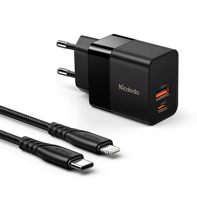 شارژر دیواری فست شارژ Mcdodo CH-1952 2Port 3A QC3.0 PD 20W + کابل آیفونی