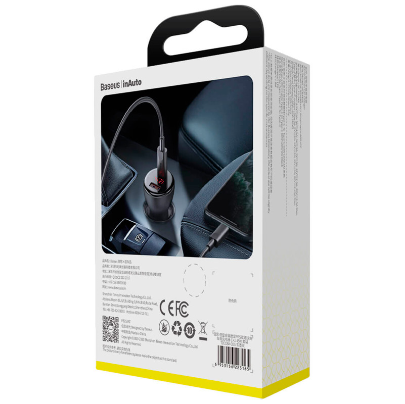 شارژر فندکی فست شارژ Baseus Digital Display PPS TZCCBX-C0G 5A 45W + کابل تایپ سی