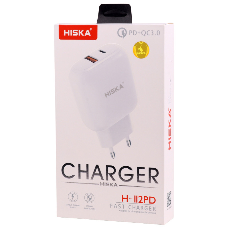 شارژر دیواری فست شارژ Hiska H112-PD 2Port QC3 PD 3A 18W + کابل آیفونی