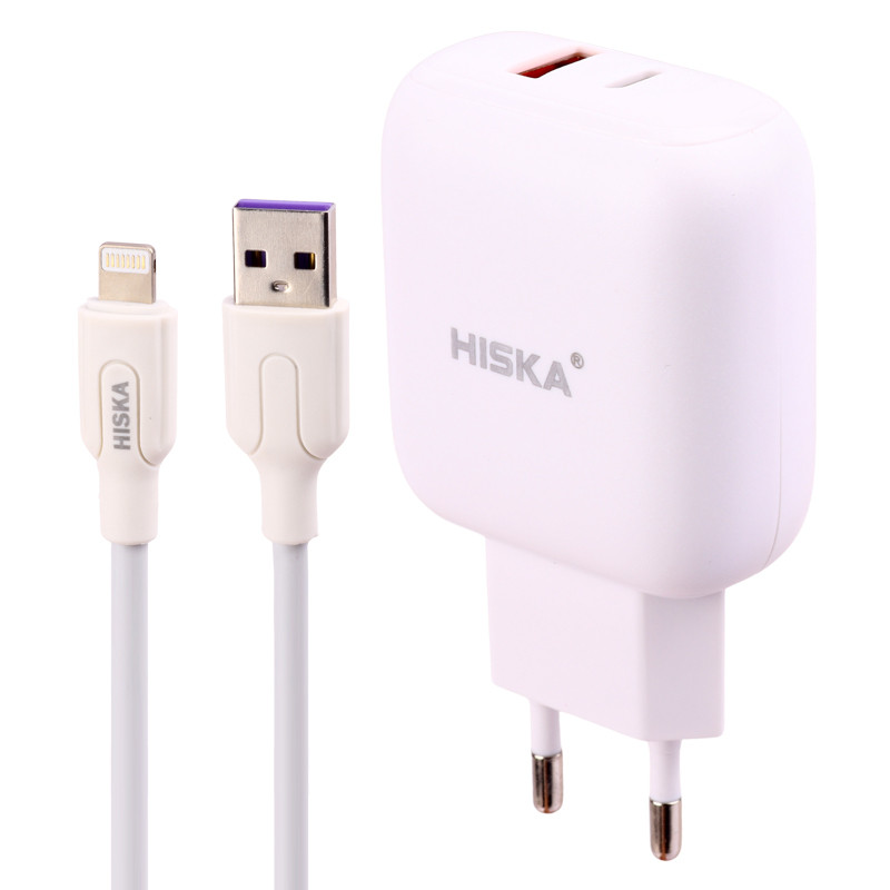 شارژر دیواری فست شارژ Hiska H112-PD 2Port QC3 PD 3A 18W + کابل آیفونی