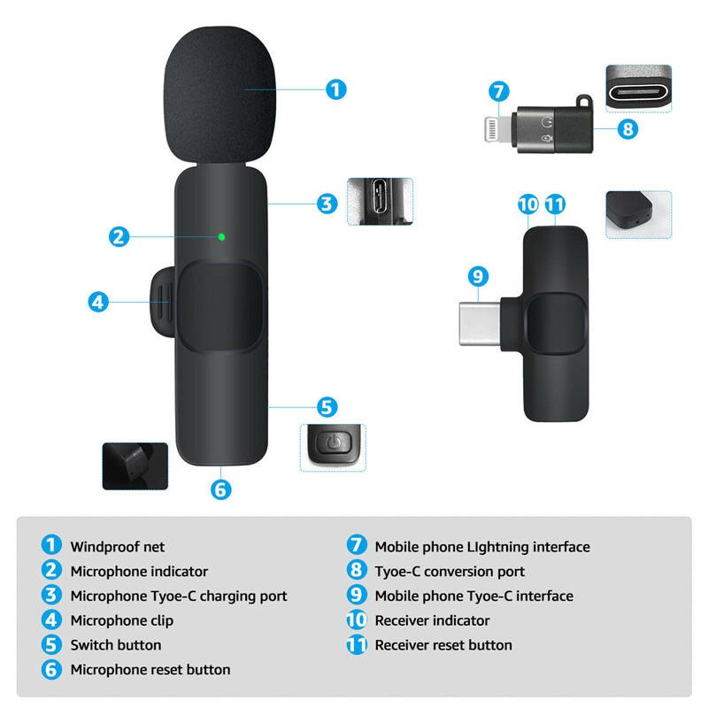 میکروفون یقه ای بی سیم K9 + تبدیل Type-C to Lightning