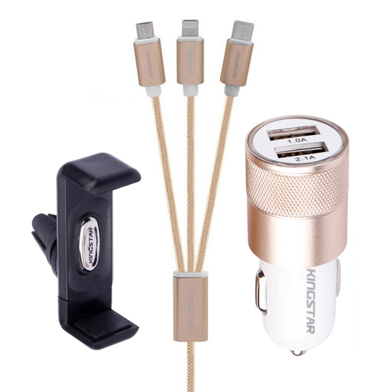 شارژر فندکی KingStar K Box50 2.1A 10.5W + هولدر + کابل 3 سر