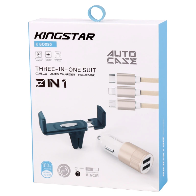 شارژر فندکی KingStar K Box50 2.1A 10.5W + هولدر + کابل 3 سر