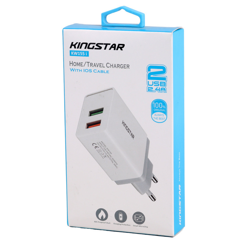 شارژر دیواری KingStar KW155 i 2Port 2.4A 12W + کابل آیفونی