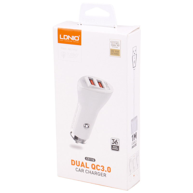 شارژر فندکی فست شارژ Ldnio C511Q 3A QC3.0 36W + کابل آیفونی