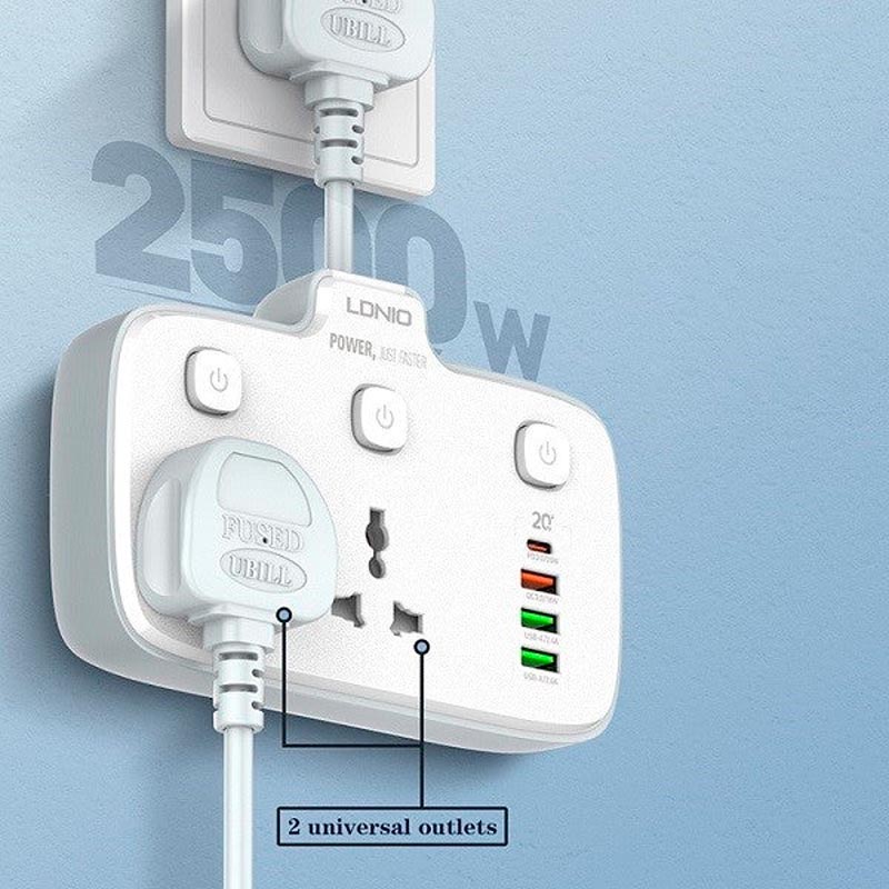چند راهی 2 خانه برق الدینیو SC2413 + شارژر USB و Type-C