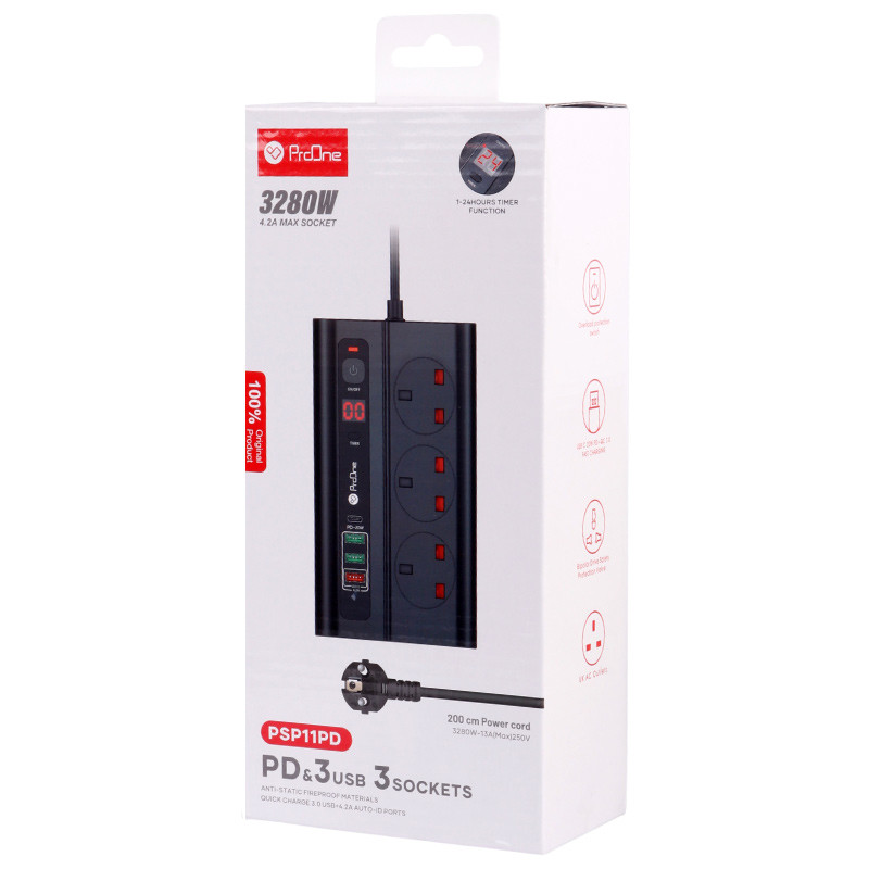 چند راهی 3 خانه برق ارت دار پرووان PSP11PD با کابل 2 متری + شارژر USB و Type-C