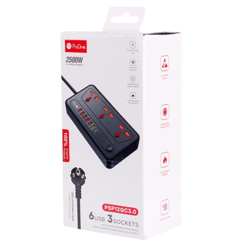 چند راهی 3 خانه ارت دار پرووان PSP12 با کابل 2 متری + شارژر USB
