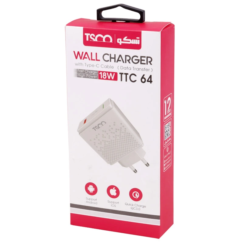 شارژر دیواری 18 وات تسکو TTC 64 QC3 3A + کابل تایپ سی