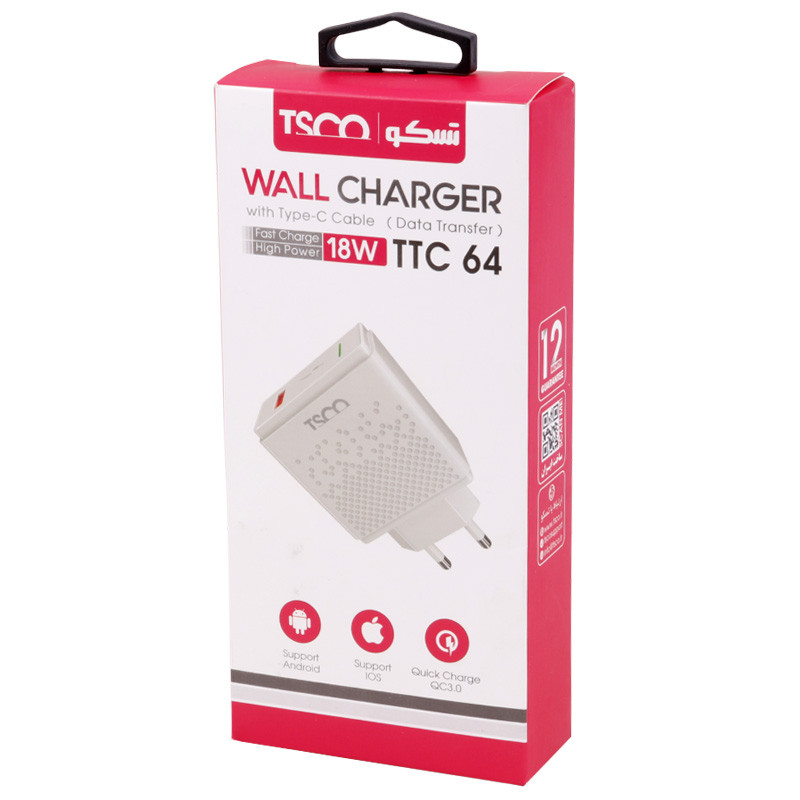 شارژر دیواری فست شارژ TSCO TTC 64 QC3 PD 3A 18W + کابل تایپ سی