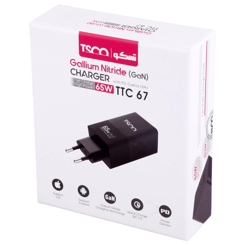 شارژر دیواری 65 وات تسکو TTC 67 GaN QC3 PD 5A + کابل تبدیل تایپ سی