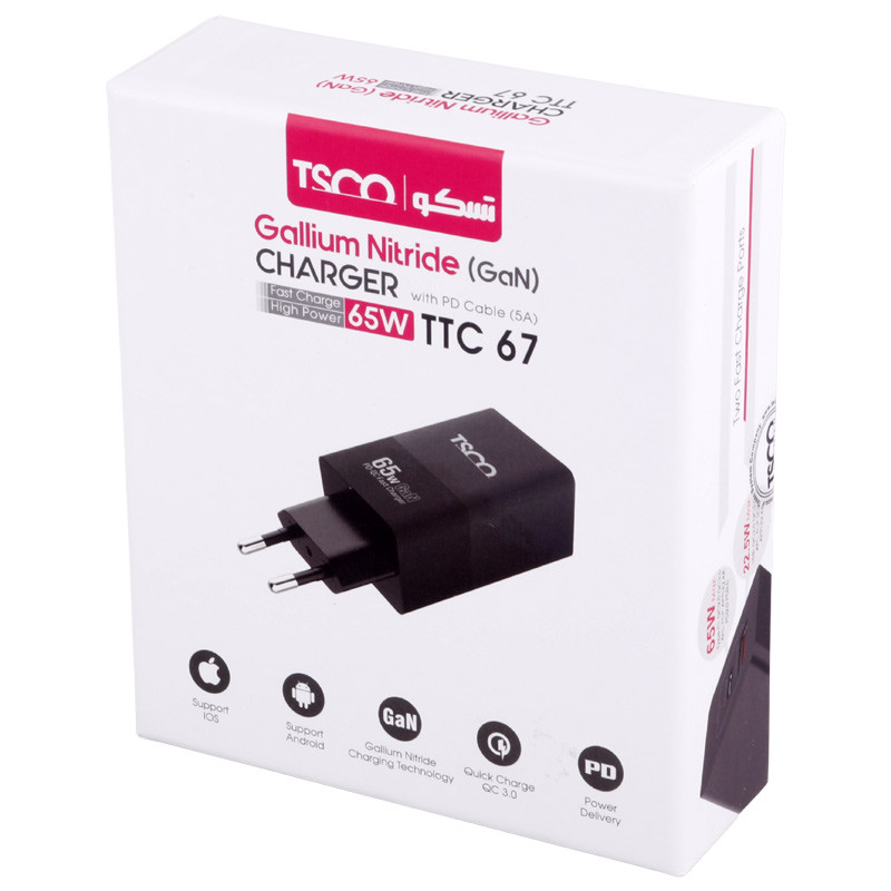 شارژر دیواری فست شارژ TSCO TTC 67 GaN 2Port QC3 PD 5A 65W Type-C + کابل تبدیل تایپ سی