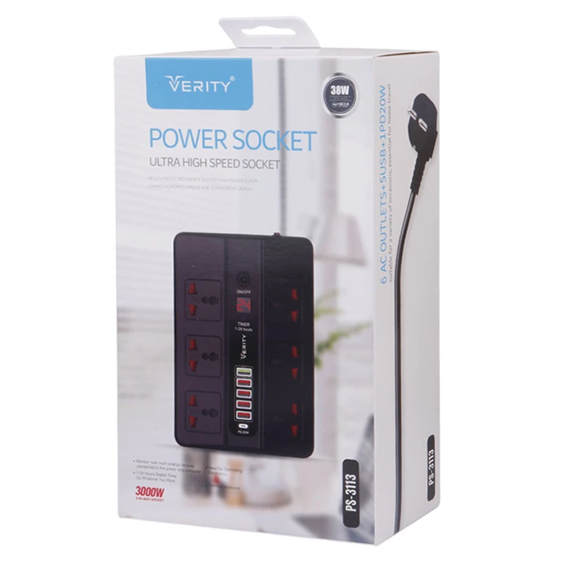 چند راهی 6 خانه ارت دار وریتی PS-3113 با کابل 2 متری+ شارژر USB و Type-C