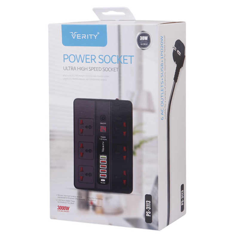 چند راهی 6 خانه برق ارت دار وریتی Verity PS-3113 با کابل 2 متری+ شارژر USB و Type-C