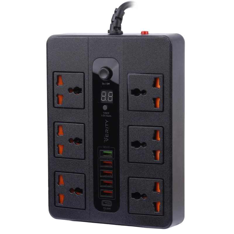 چند راهی 6 خانه ارت دار وریتی PS-3113 با کابل 2 متری+ شارژر USB و Type-C