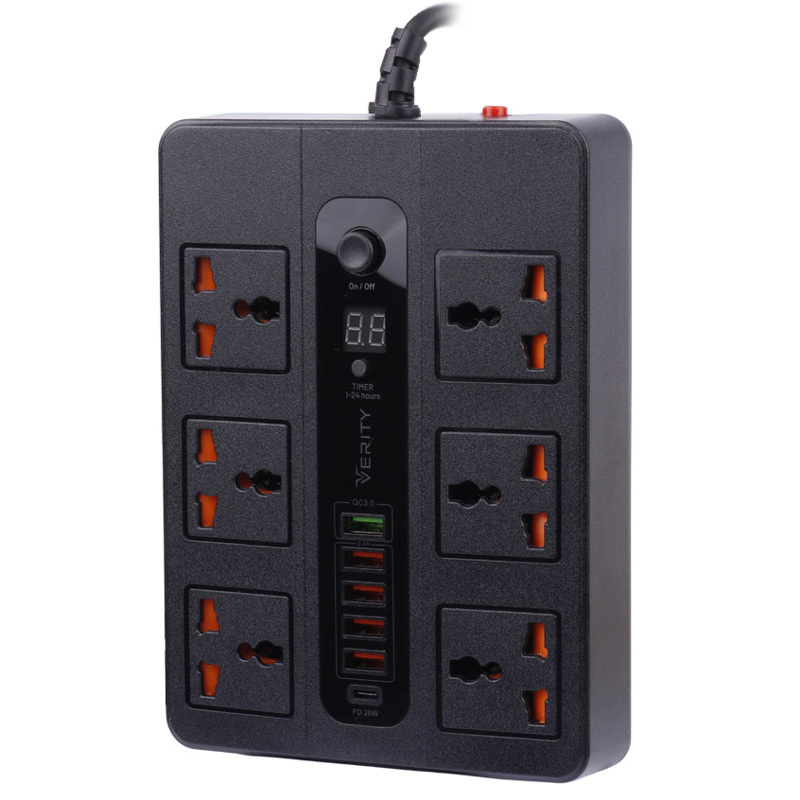 چند راهی 6 خانه برق ارت دار وریتی Verity PS-3113 با کابل 2 متری+ شارژر USB و Type-C