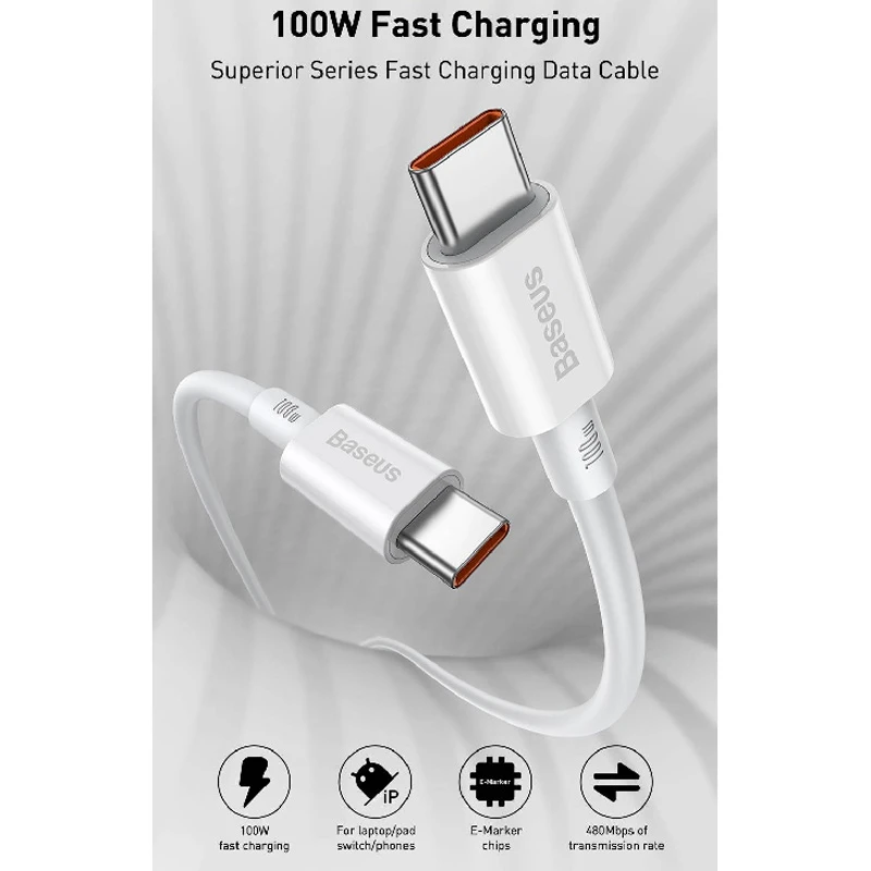 کابل دو سر تایپ سی فست شارژ 100 وات باسئوس Superior Series CATYS-C0 طول 2 متر