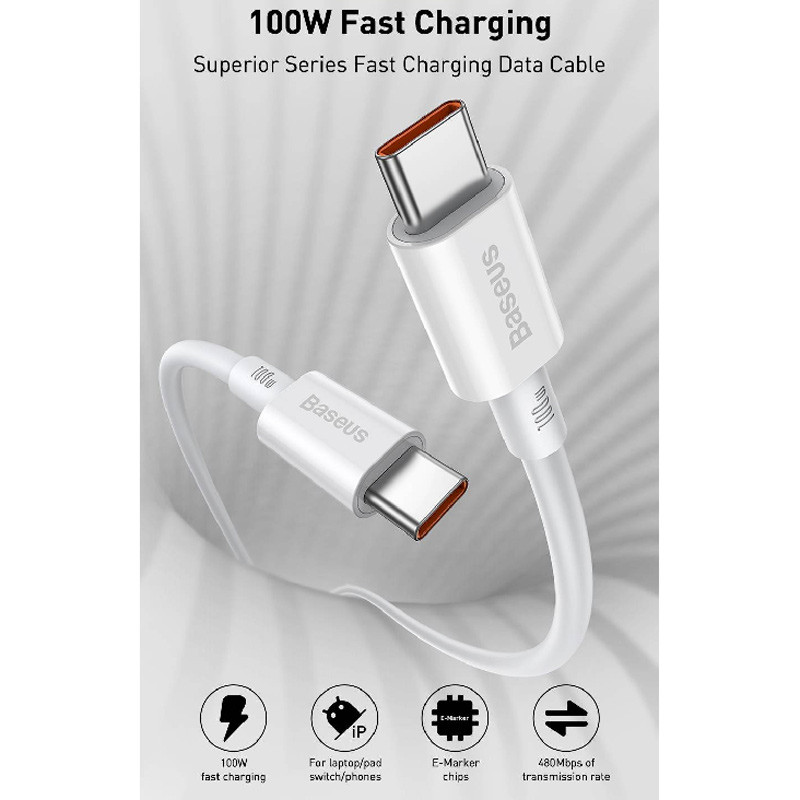 کابل تبدیل فست شارژ Baseus Superior Series CATYS-C0 Type-C to Type-C 5A QC3.0 100W 2m