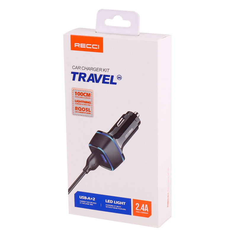 شارژر فندکی Recci RQ05L 2.4A 12W + کابل آیفونی