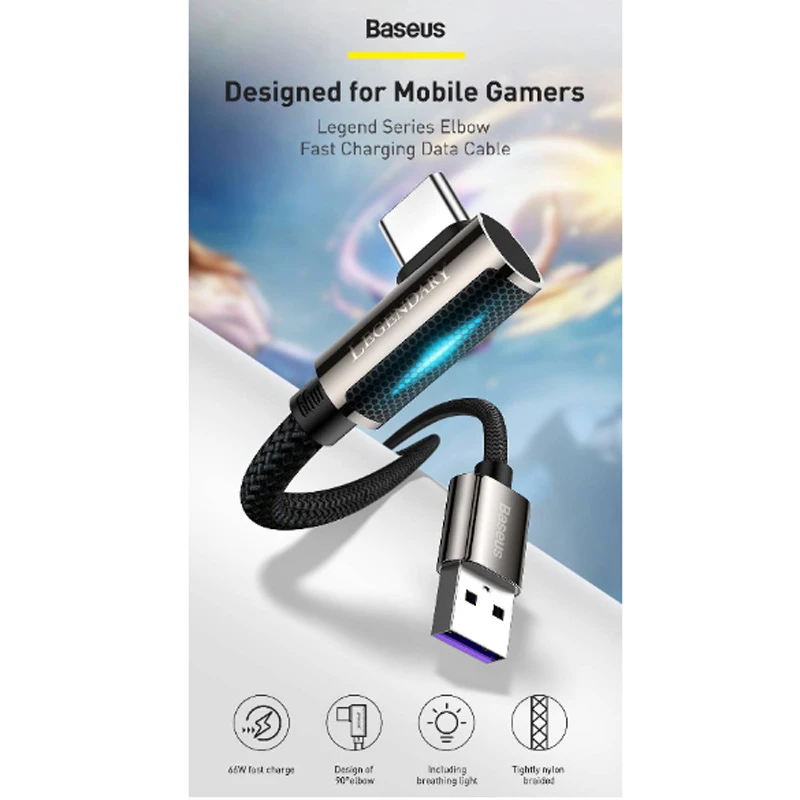کابل تایپ سی فست شارژ 66 وات باسئوس Legend Series CA یکسر L طول 2 متر