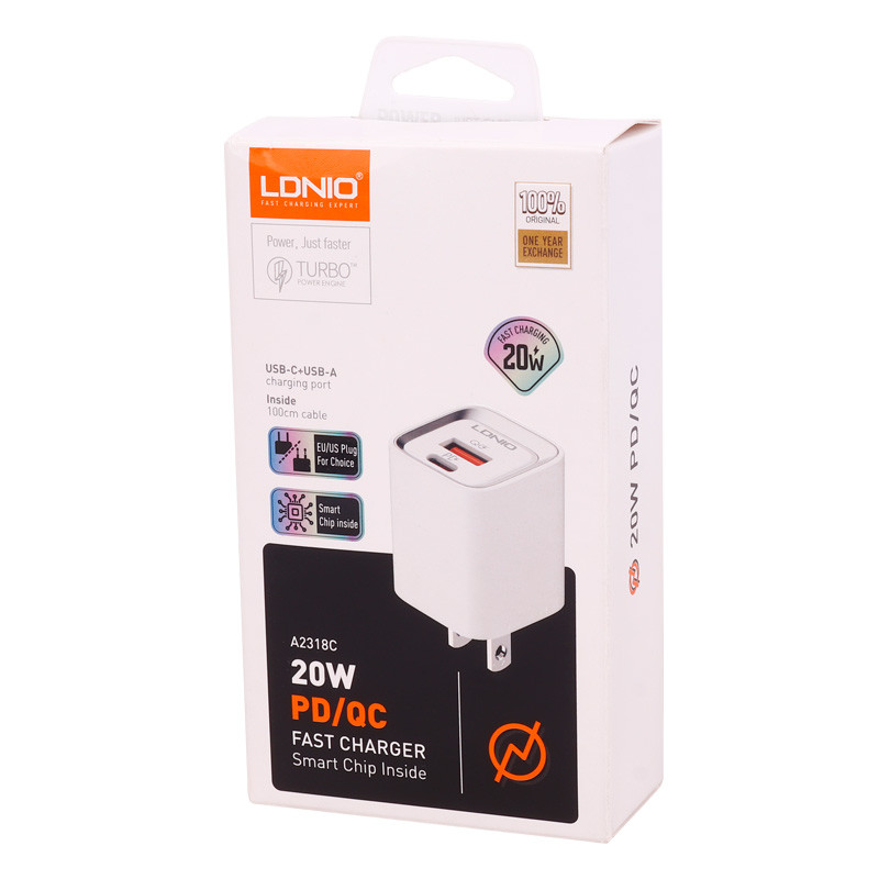 شارژر دیواری فست شارژ LDNIO A2318C 2Port 3A QC3 PD 20W + کابل آیفونی