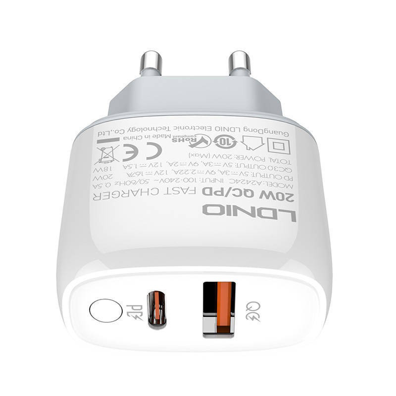 شارژر دیواری فست شارژ Ldnio A2424C QC3.0 PD 3.6A 20W + کابل تبدیل تایپ سی