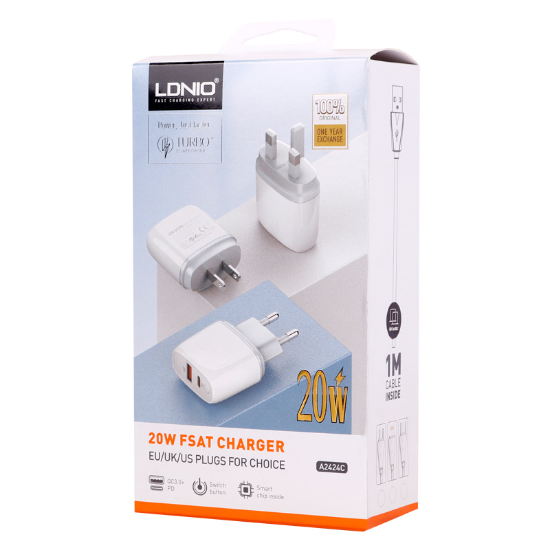 شارژر دیواری فست شارژ Ldnio A2424C QC3.0 PD 3.6A 20W + کابل تبدیل تایپ سی