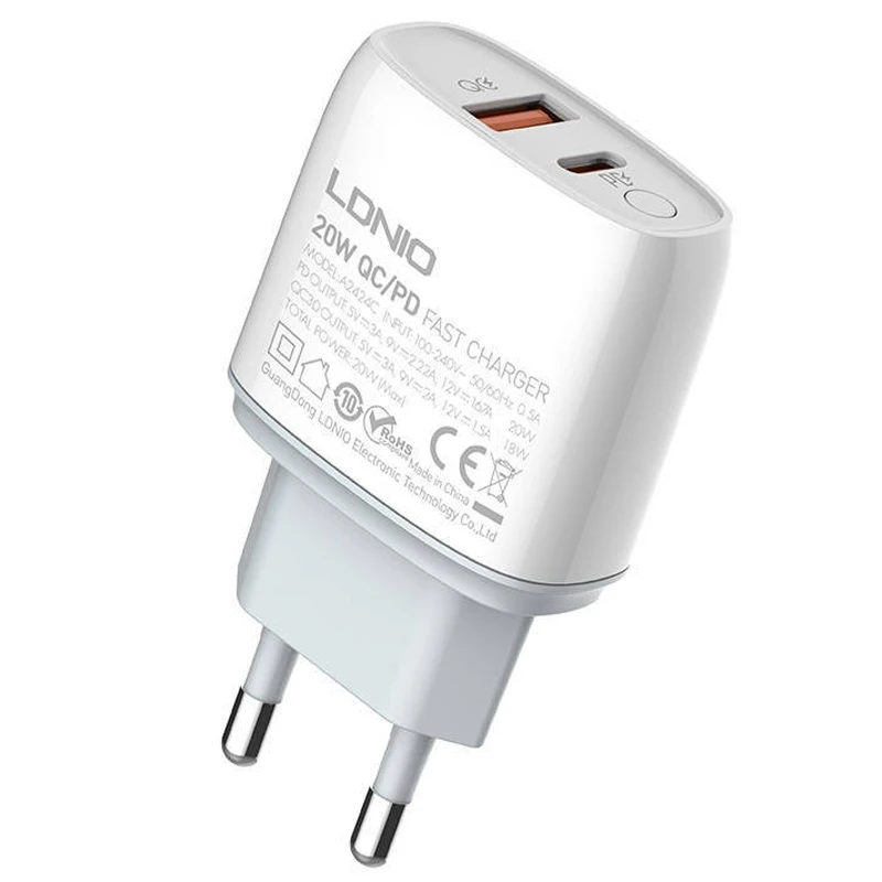 شارژر دیواری 20 وات الدینیو A2424C QC3.0 PD 3.6A + کابل تبدیل تایپ سی