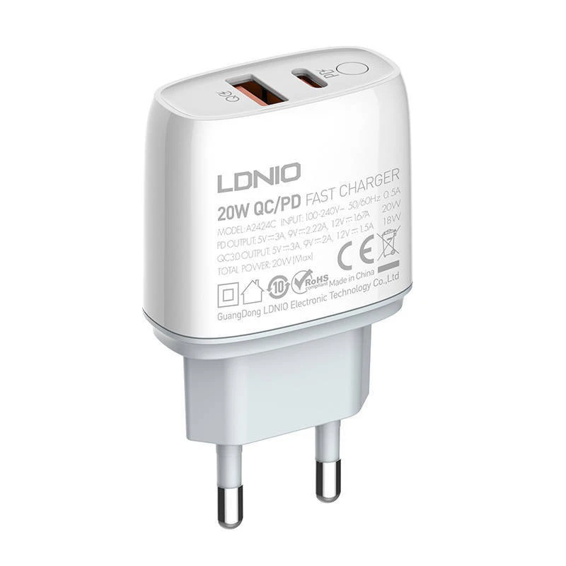 شارژر دیواری 20 وات الدینیو A2424C QC3.0 PD 3.6A + کابل تبدیل تایپ سی