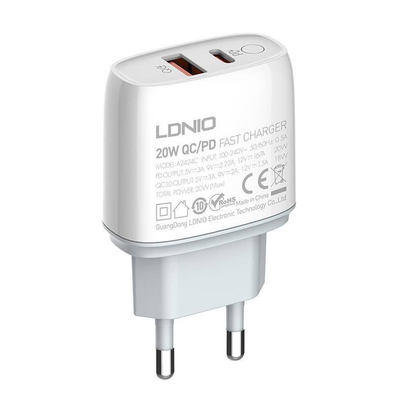 شارژر دیواری فست شارژ Ldnio A2424C QC3.0 PD 3.6A 20W + کابل تبدیل تایپ سی