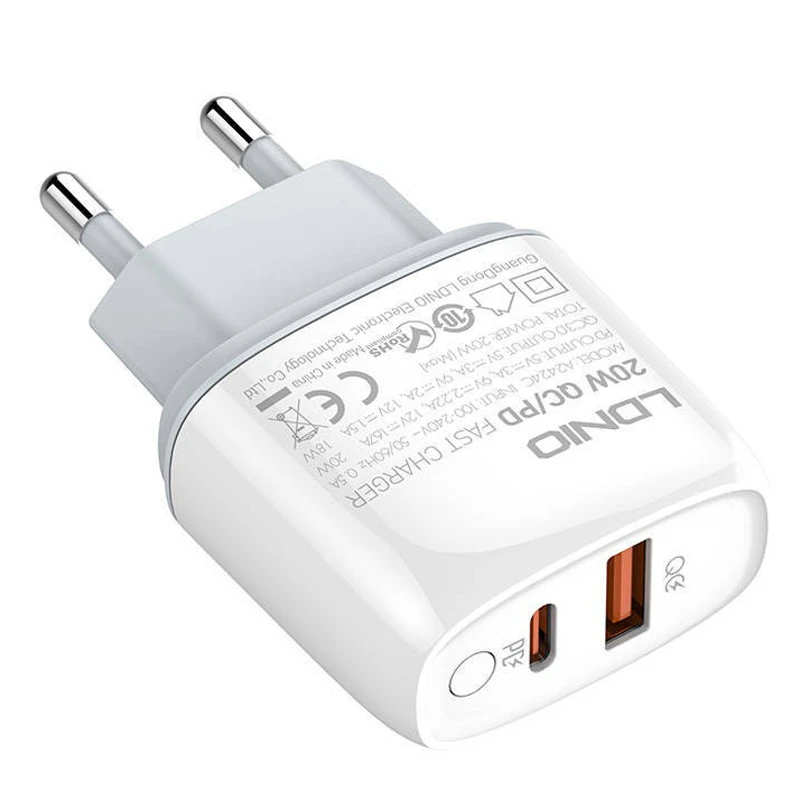 شارژر دیواری 20 وات الدینیو A2424C QC3.0 PD 3.6A + کابل تبدیل تایپ سی