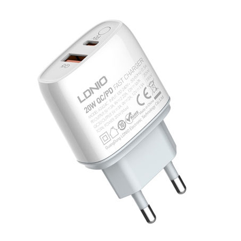 شارژر دیواری فست شارژ Ldnio A2424C QC3.0 PD 3.6A 20W + کابل تبدیل تایپ سی