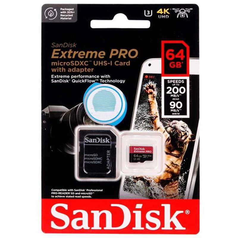 رم میکرو 64 گیگ سن دیسک SanDisk Extreme Pro V30 U3 A2 C10 200MB/s + خشاب