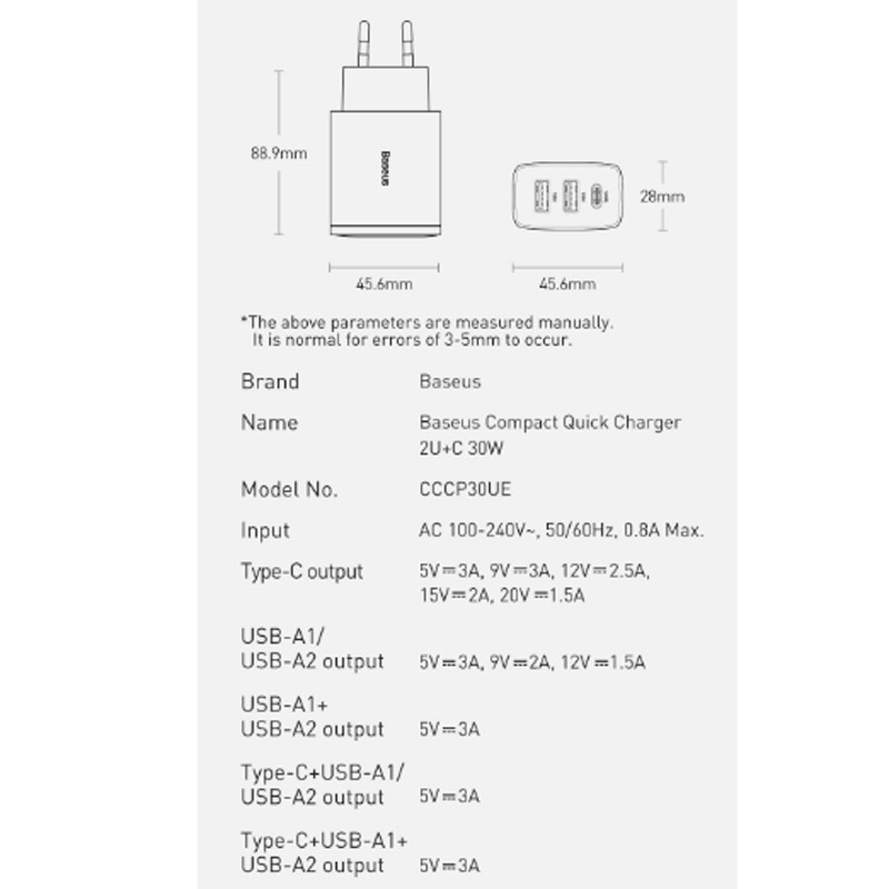 کلگی فست شارژ Baseus Compact CCXJ-E0 3Port 3A QC3.0 PD 30W