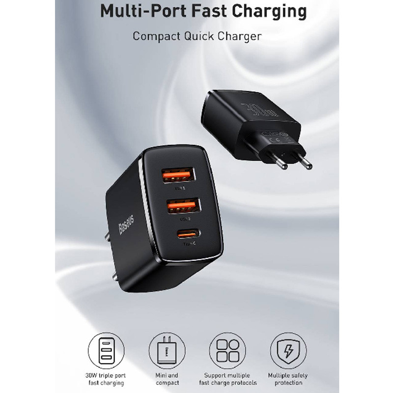 کلگی فست شارژ Baseus Compact CCXJ-E0 3Port 3A QC3.0 PD 30W