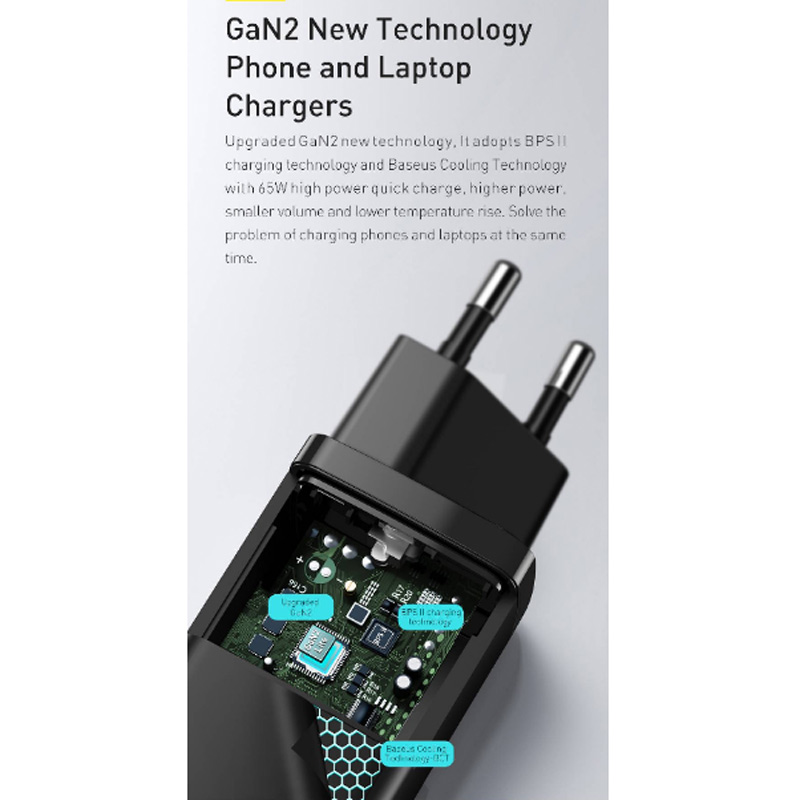کلگی فست شارژ Baseus Gan2 Lite CCGAN2L-B0 2Port 5A QC3.0 PD 65W
