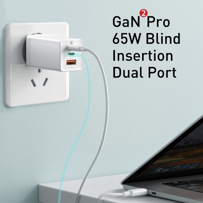 کلگی فست شارژ Baseus Gan2 Pro CCGAN2P-B0 3Port 3A QC4.0 PD3.0 65W + کابل تبدیل تایپ سی