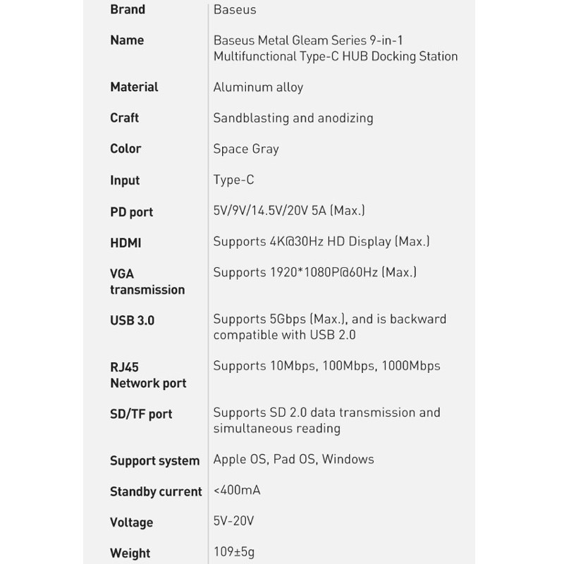 هاب 9 پورت Type-C باسئوس Metal Gleam Series CAHUB-CU0G