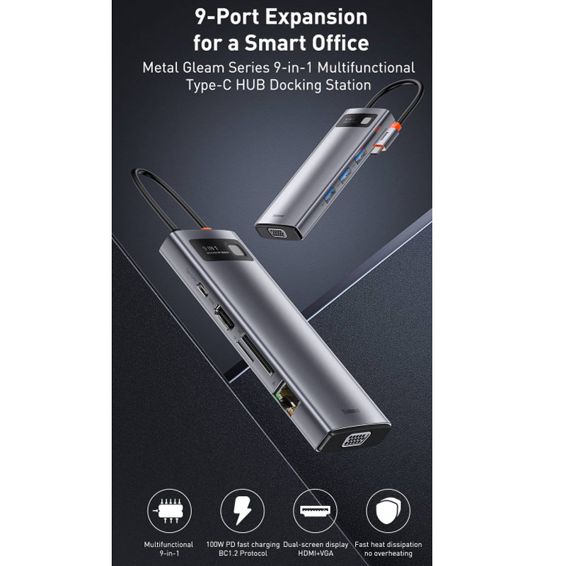 هاب 9 پورت Type-C باسئوس Metal Gleam Series CAHUB-CU0G