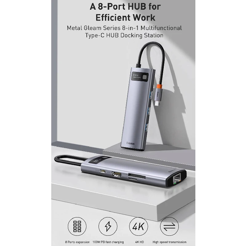 هاب 8 پورت Type-C باسئوس Metal Gleam Series CAHUB-CV0G