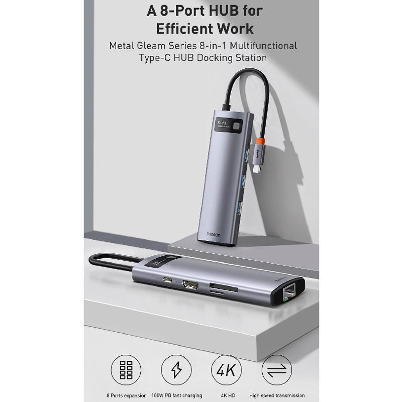 هاب 8 پورت Type-C باسئوس Metal Gleam Series CAHUB-CV0G