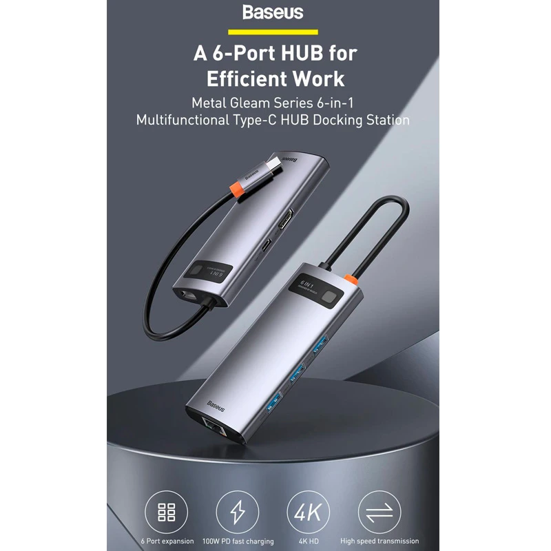 هاب 6 پورت Type-C باسئوس Metal Gleam Series CAHUB-CW0G