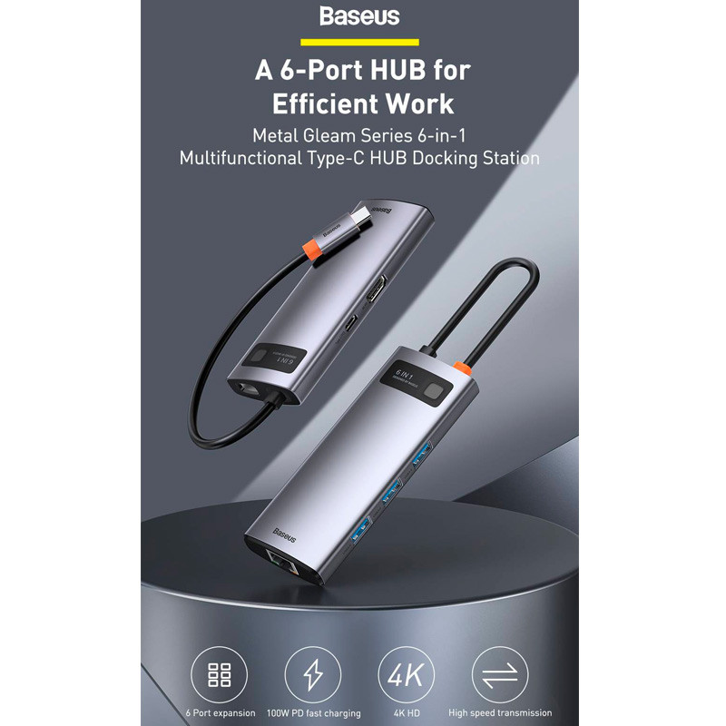 هاب 6 پورت Type-C باسئوس Metal Gleam Series CAHUB-CW0G